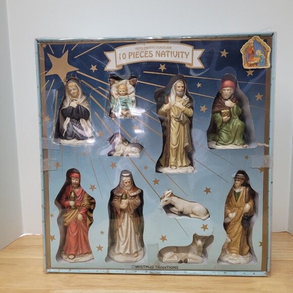 Vintage Hallmark Large Porcelain Ceramic Christmas Nativity Set 10 Piece Nice - Picture 1 of 16